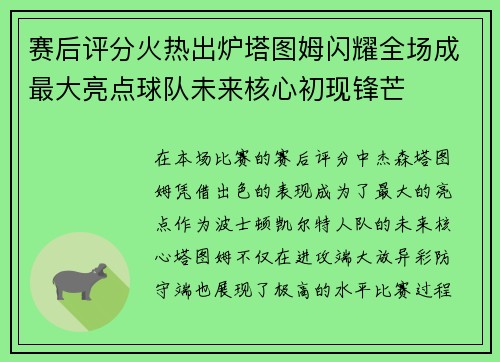 赛后评分火热出炉塔图姆闪耀全场成最大亮点球队未来核心初现锋芒 赛后评分火热出炉塔图姆闪耀全场成最大亮点球队未来核心初现锋芒