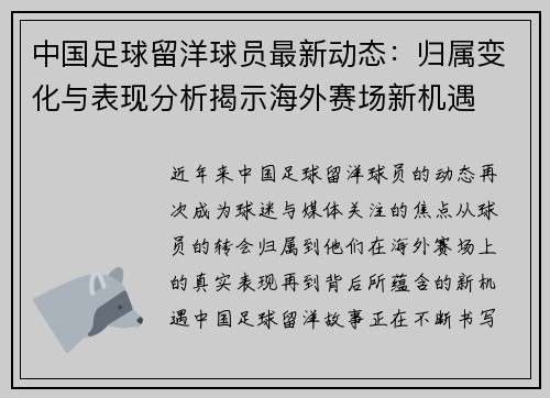 中国足球留洋球员最新动态：归属变化与表现分析揭示海外赛场新机遇
