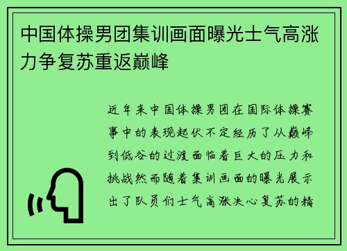 中国体操男团集训画面曝光士气高涨力争复苏重返巅峰